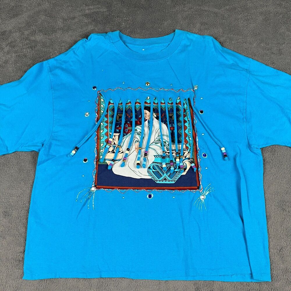 Vintage Native American Hanging Beads T Shirt 90s Blue Size XL Single Stitch - Picture 1 of 5